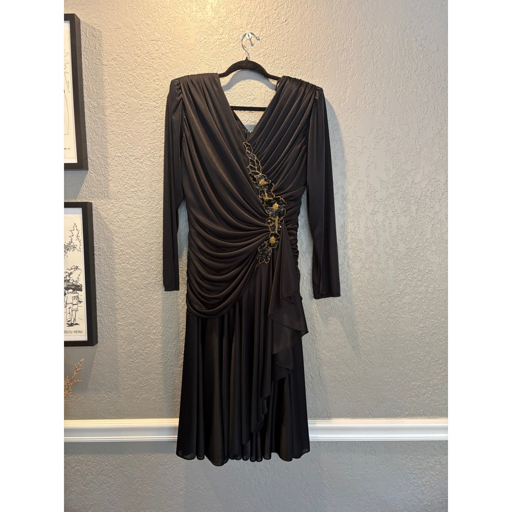 Abby Kent Black Ruched V Neck Embellished Party Cocktail‎ Dress Women's